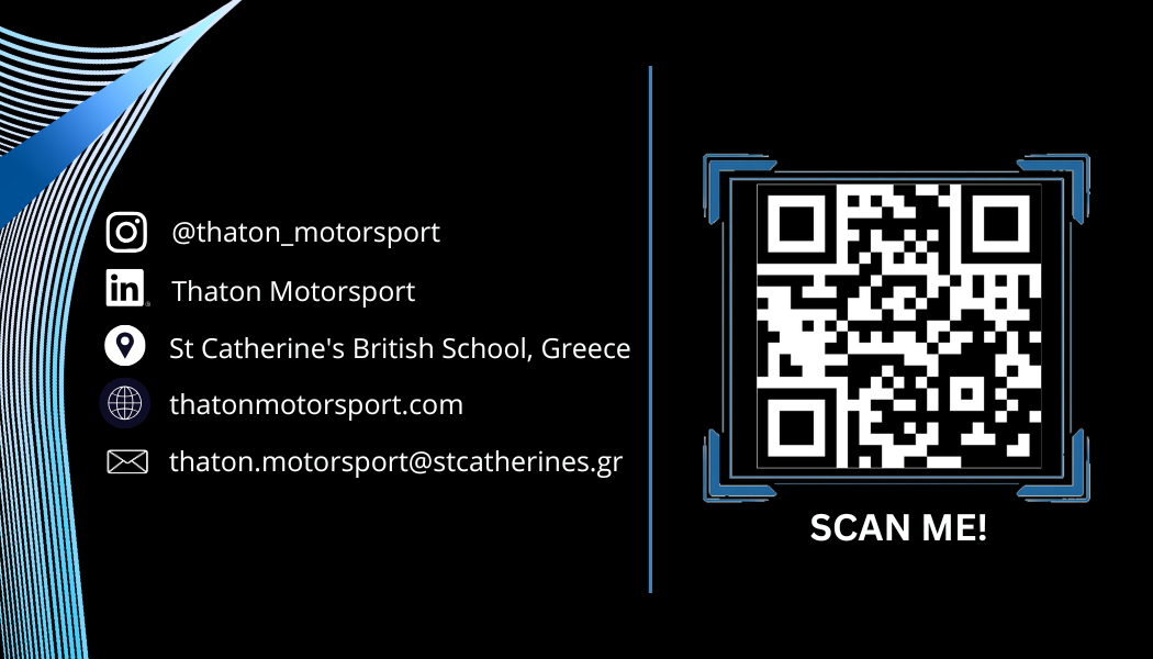 Thaton Motorsport business card, back — socials and scan-me QR code