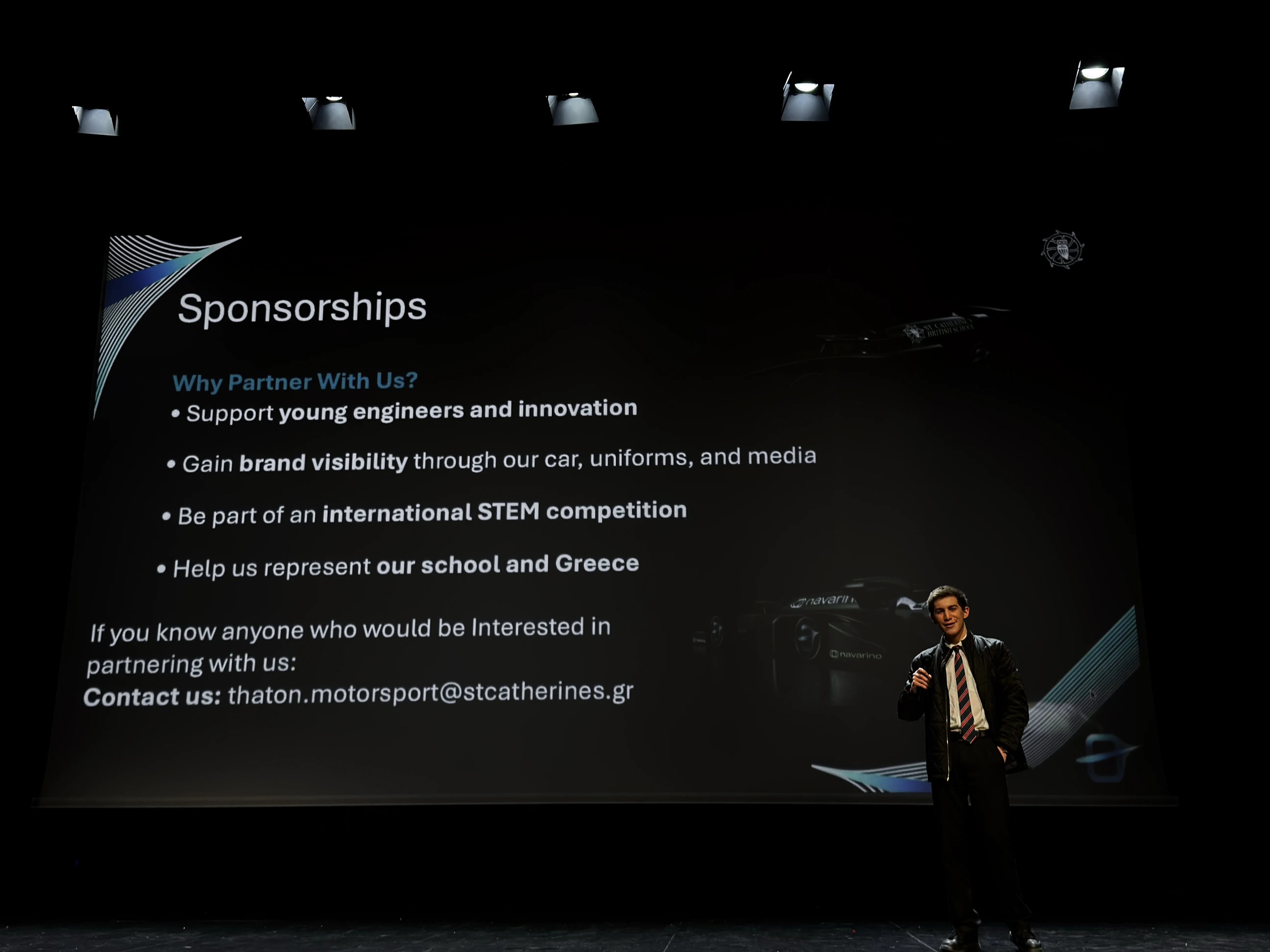 A Thaton Motorsport member presenting the team's sponsorship pitch on stage